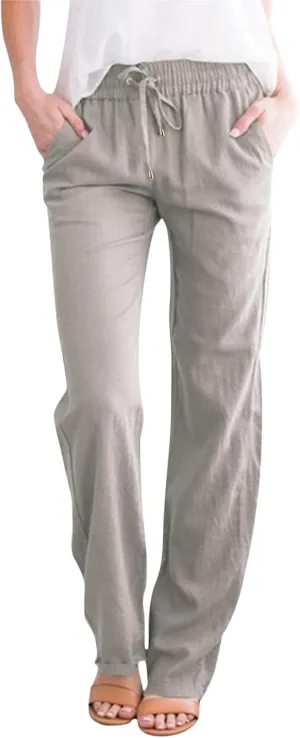 Womens Casual Linen High Waist Pants Straight Leg Drawstring Long Trouser Summer Loose Fit Pants with Pockets