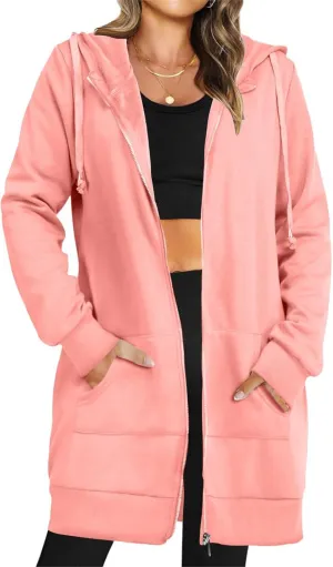 Women's Casual Long Hoodies with Pockets Tunic Sweatshirt Outerwear Jacket With Pockets Fashion Fleece Winter Coat