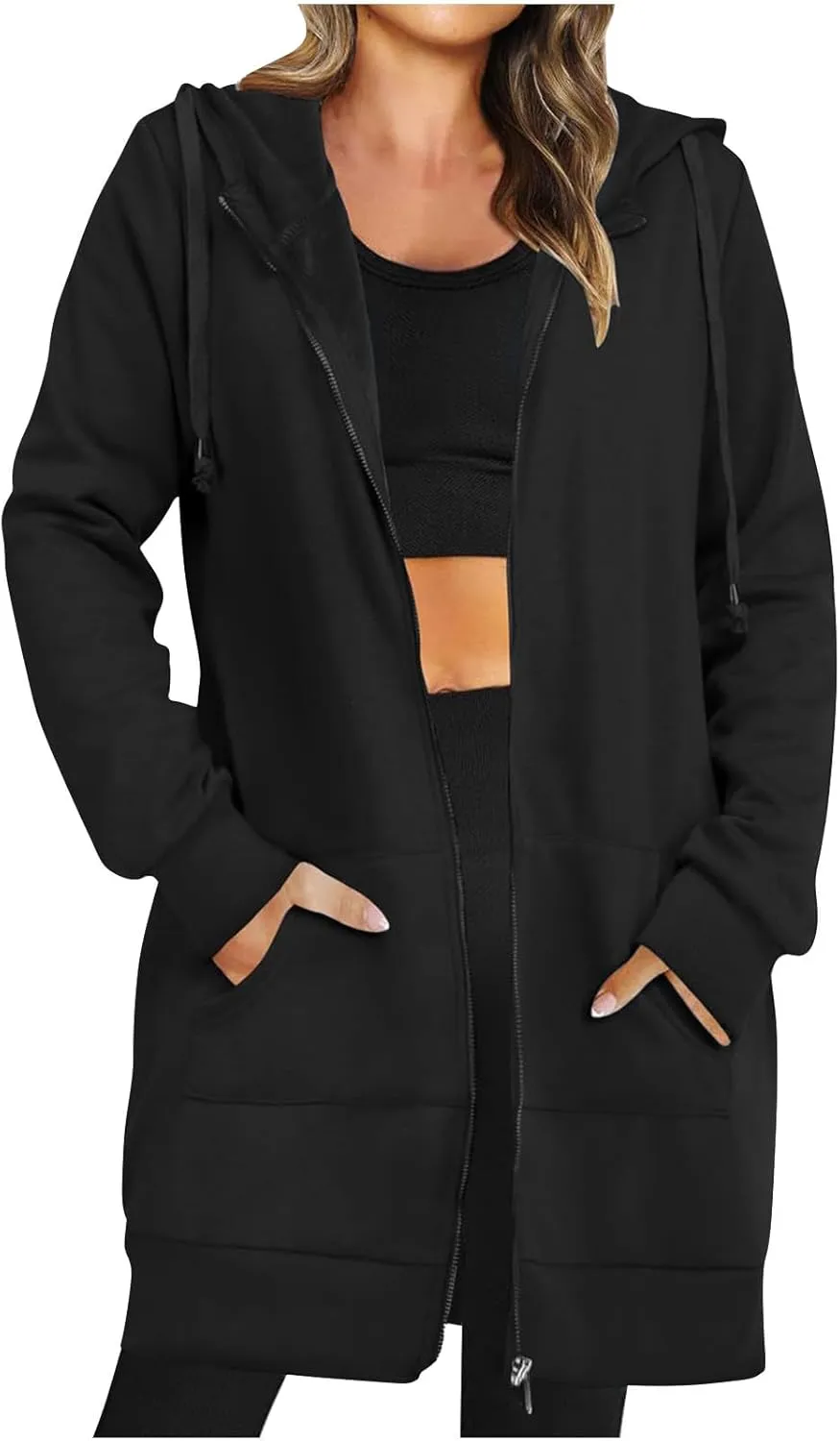 Women's Casual Long Hoodies with Pockets Tunic Sweatshirt Outerwear Jacket With Pockets Fashion Fleece Winter Coat