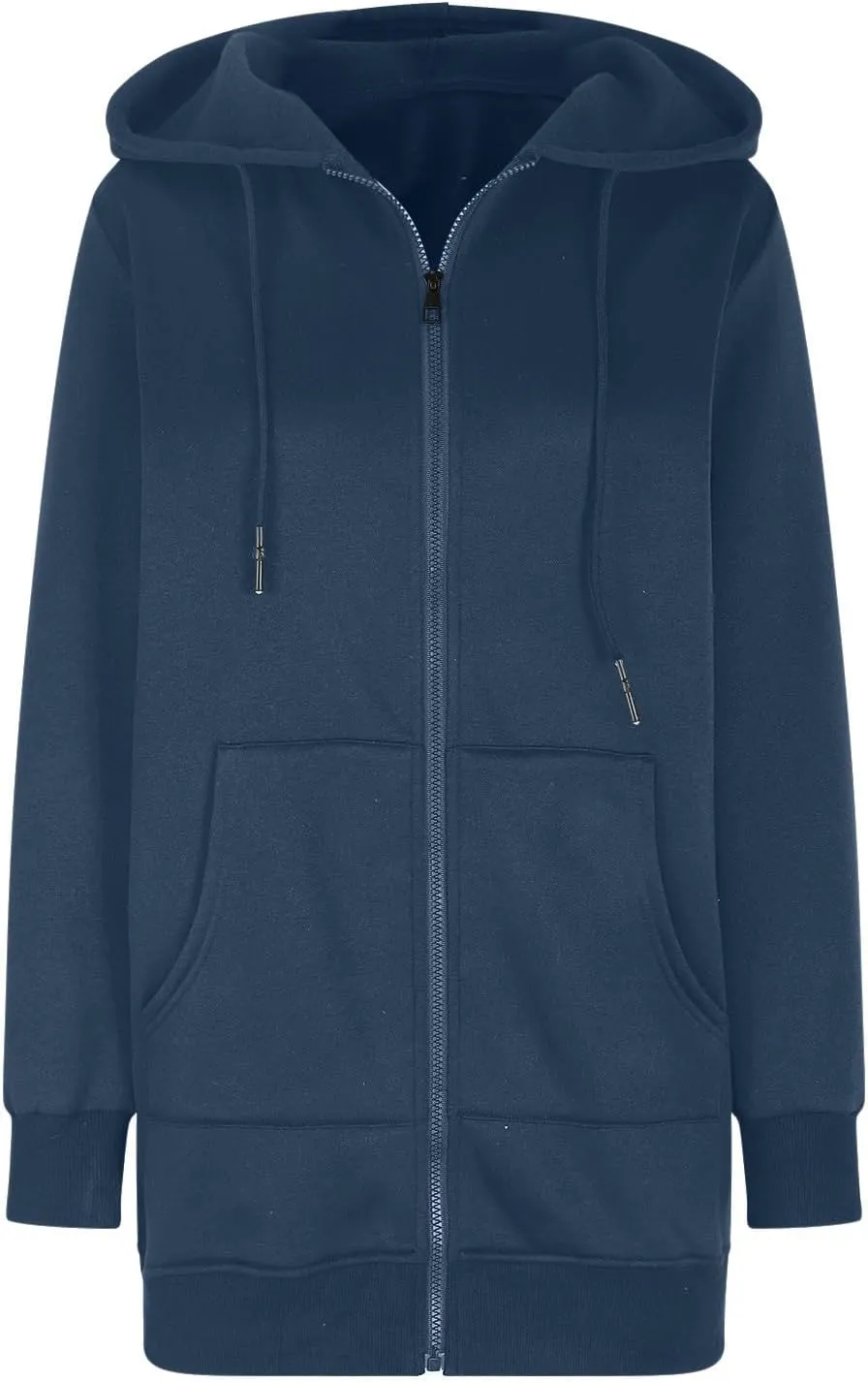 Women's Casual Long Hoodies with Pockets Tunic Sweatshirt Outerwear Jacket With Pockets Fashion Fleece Winter Coat