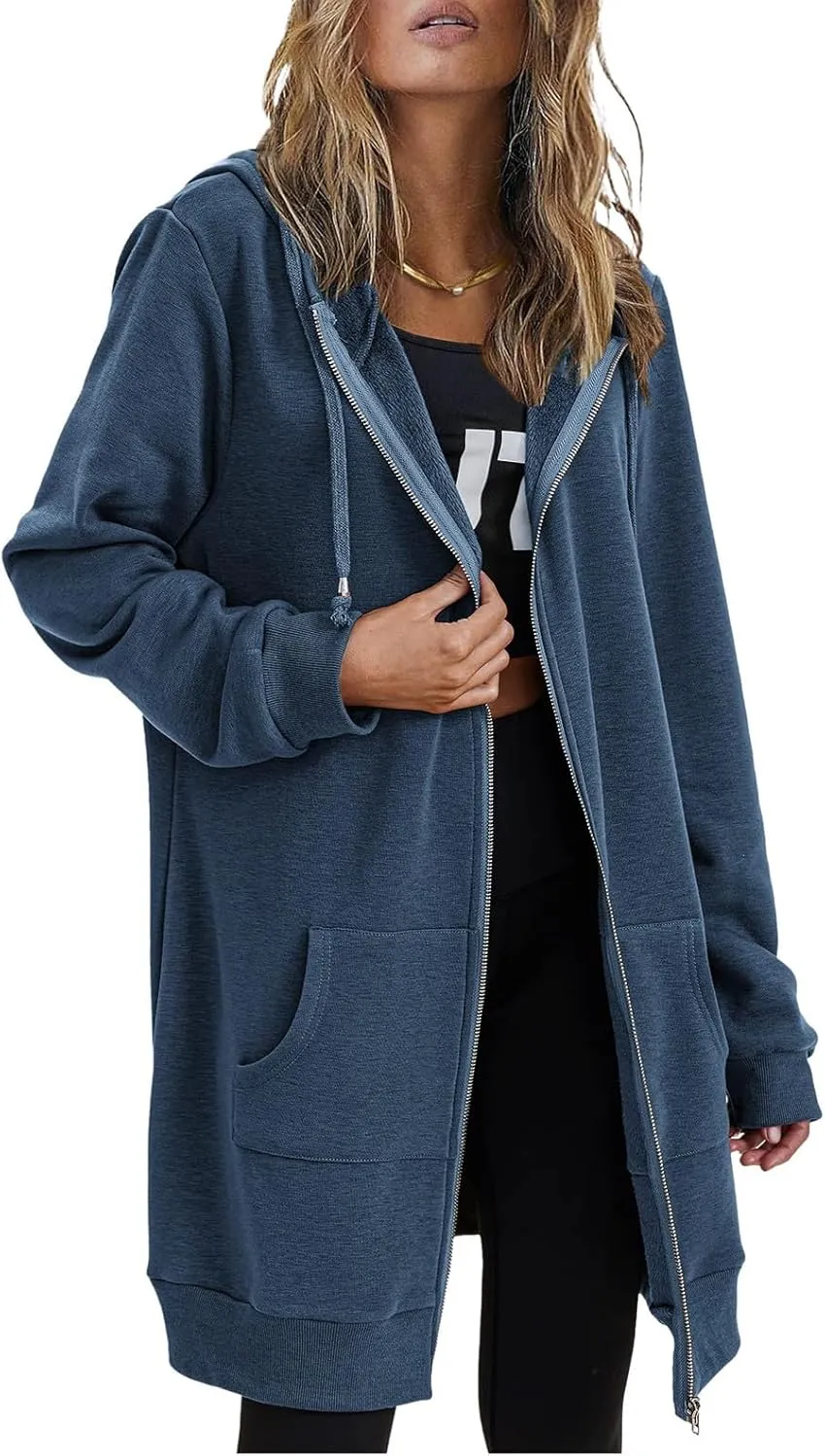 Women's Casual Long Hoodies with Pockets Tunic Sweatshirt Outerwear Jacket With Pockets Fashion Fleece Winter Coat