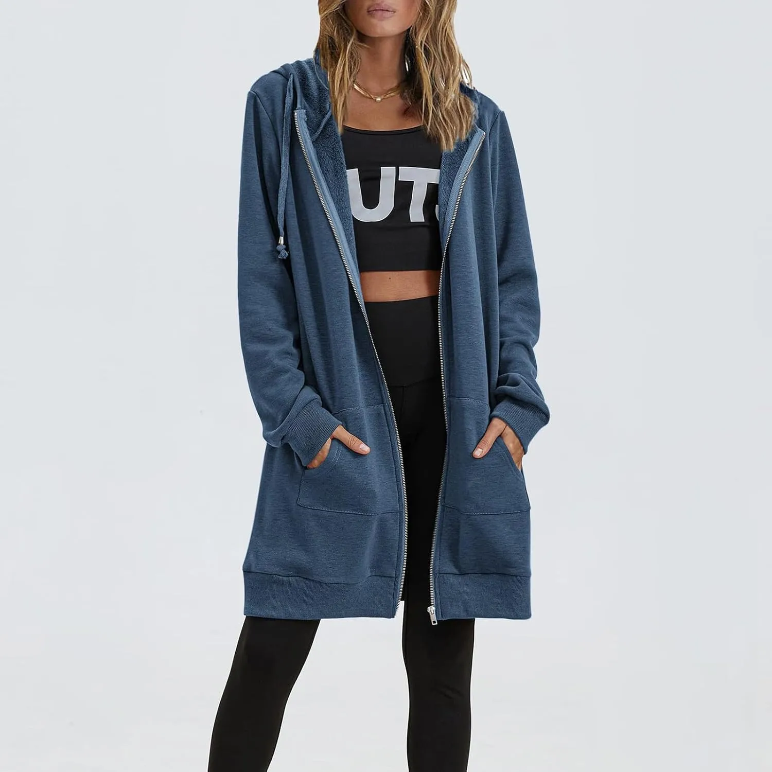 Women's Casual Long Hoodies with Pockets Tunic Sweatshirt Outerwear Jacket With Pockets Fashion Fleece Winter Coat