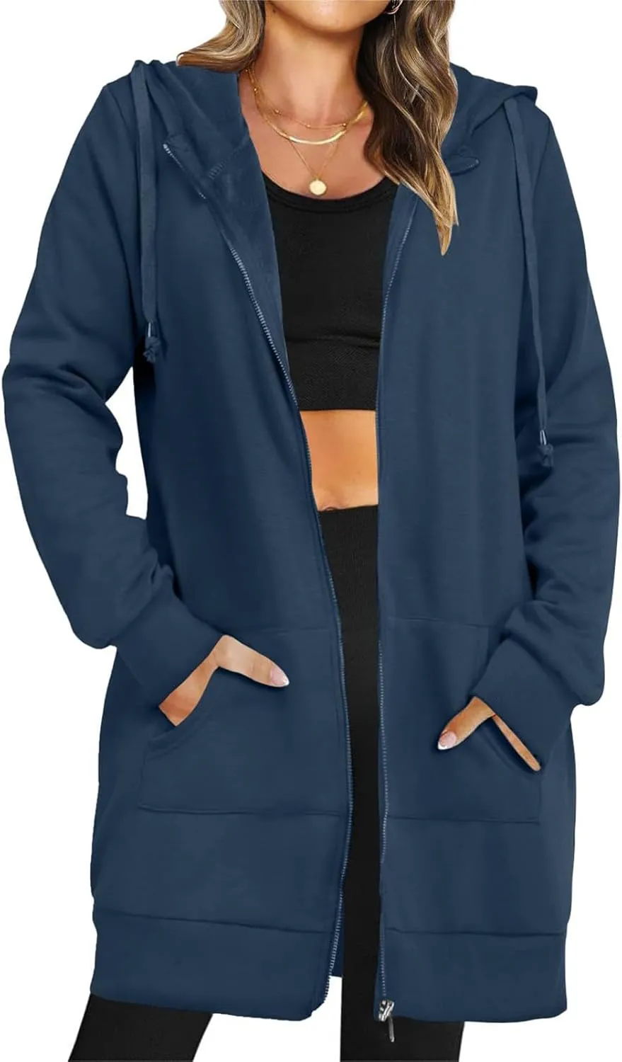 Women's Casual Long Hoodies with Pockets Tunic Sweatshirt Outerwear Jacket With Pockets Fashion Fleece Winter Coat