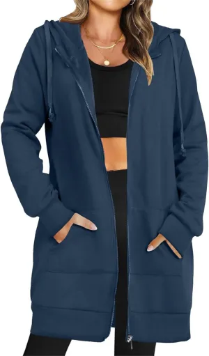 Women's Casual Long Hoodies with Pockets Tunic Sweatshirt Outerwear Jacket With Pockets Fashion Fleece Winter Coat