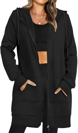 Women's Casual Long Hoodies with Pockets Tunic Sweatshirt Outerwear Jacket With Pockets Fashion Fleece Winter Coat