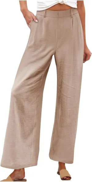 Women's Casual Pants 2025 Summer Elastic High Waist Pants Trendy Lightweight Solid Comfy Straight Wide Leg Trouser