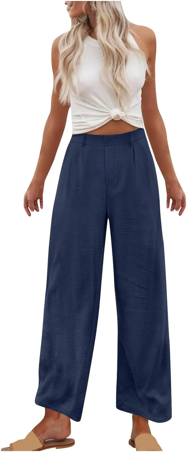 Women's Casual Pants 2025 Summer Elastic High Waist Pants Trendy Lightweight Solid Comfy Straight Wide Leg Trouser