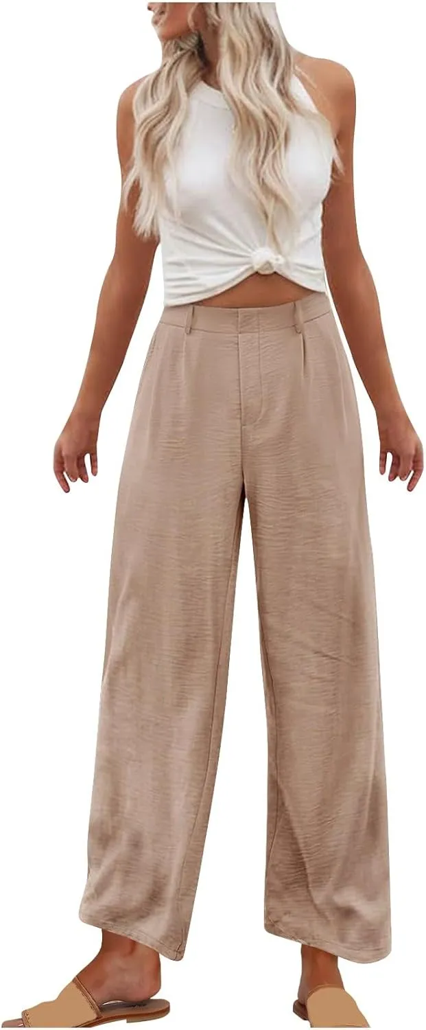 Women's Casual Pants 2025 Summer Elastic High Waist Pants Trendy Lightweight Solid Comfy Straight Wide Leg Trouser