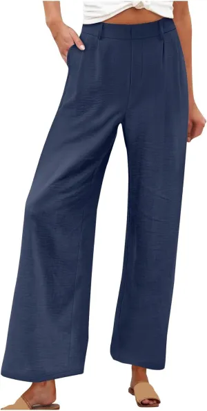 Women's Casual Pants 2025 Summer Elastic High Waist Pants Trendy Lightweight Solid Comfy Straight Wide Leg Trouser