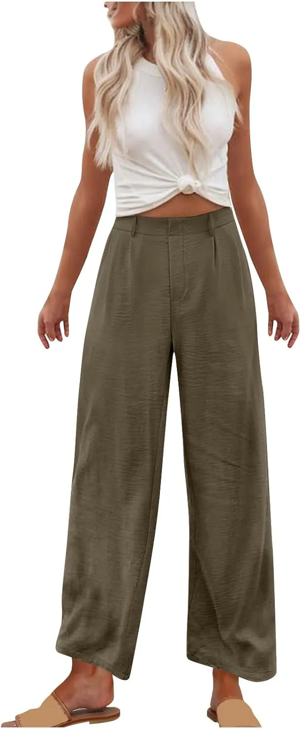 Women's Casual Pants 2025 Summer Elastic High Waist Pants Trendy Lightweight Solid Comfy Straight Wide Leg Trouser