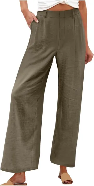 Women's Casual Pants 2025 Summer Elastic High Waist Pants Trendy Lightweight Solid Comfy Straight Wide Leg Trouser