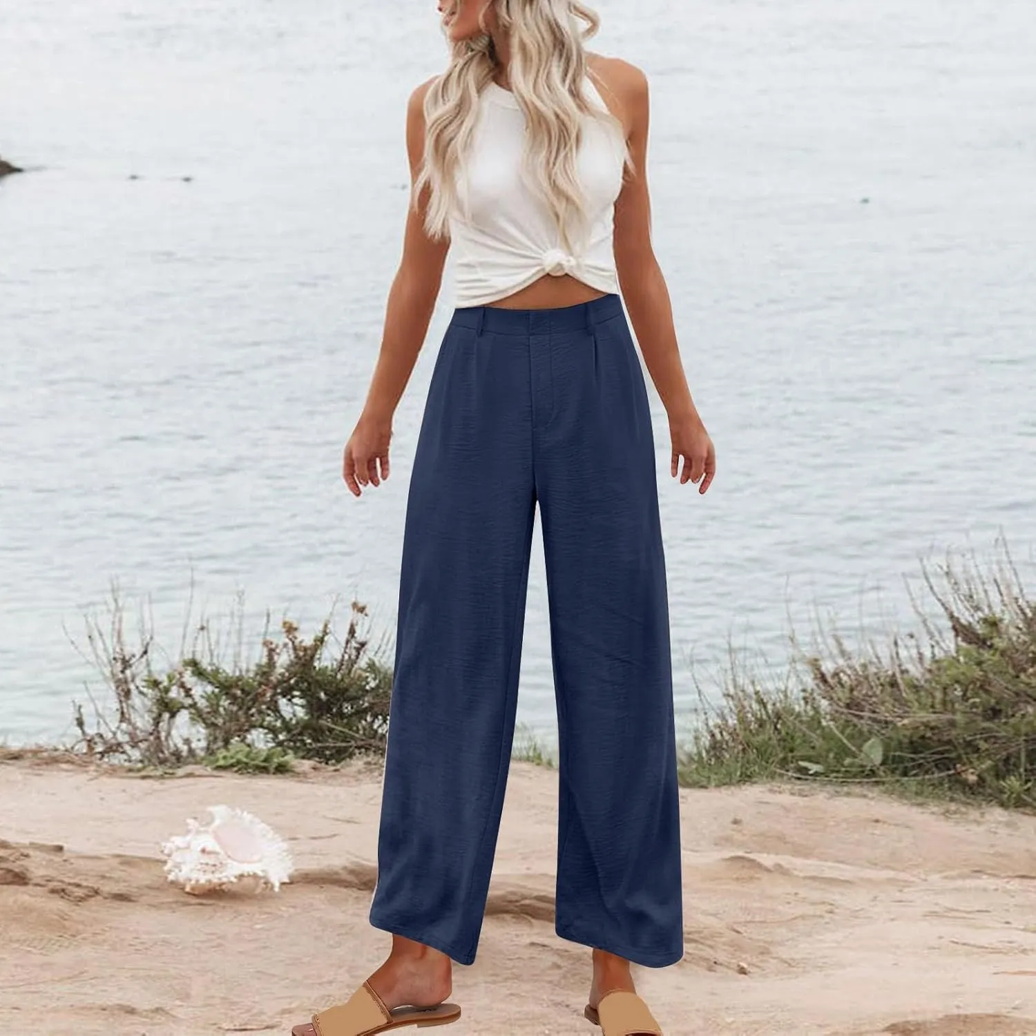 Women's Casual Pants 2025 Summer Elastic High Waist Pants Trendy Lightweight Solid Comfy Straight Wide Leg Trouser