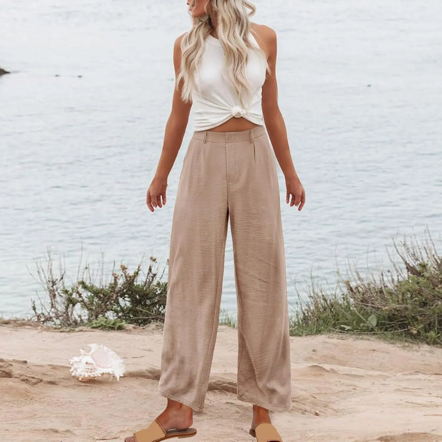Women's Casual Pants 2025 Summer Elastic High Waist Pants Trendy Lightweight Solid Comfy Straight Wide Leg Trouser