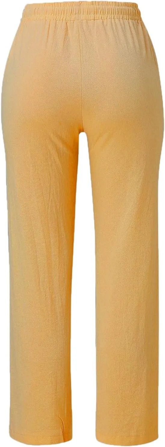 Women's Casual Wide Leg Pants Casual Straight Leg Casual Elastic High Waist Pants Breathable Trousers with Pockets