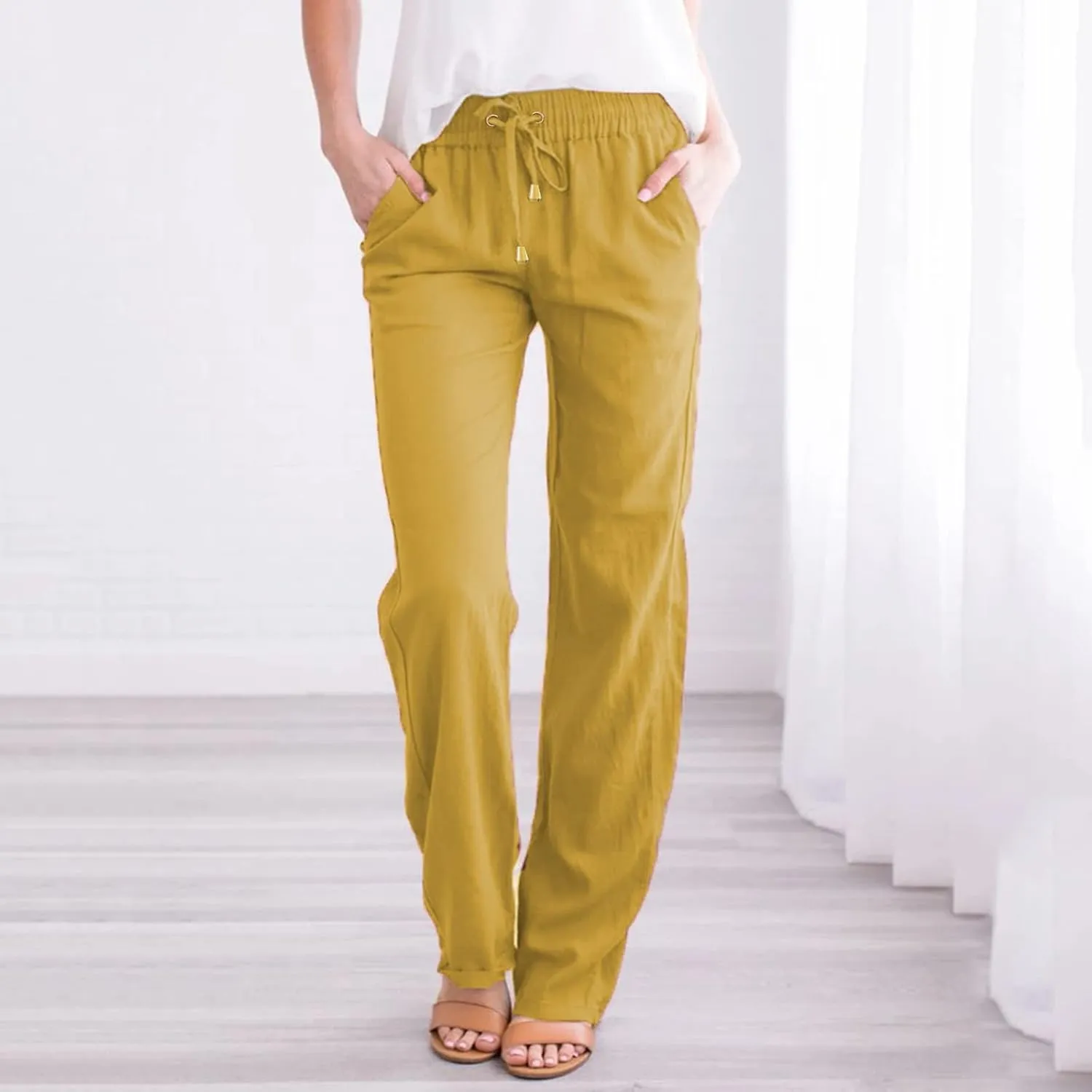 Women's Casual Wide Leg Pants Casual Straight Leg Casual Elastic High Waist Pants Breathable Trousers with Pockets