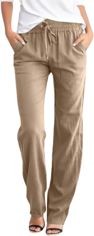 Women's Casual Wide Leg Pants Casual Straight Leg Casual Elastic High Waist Pants Breathable Trousers with Pockets