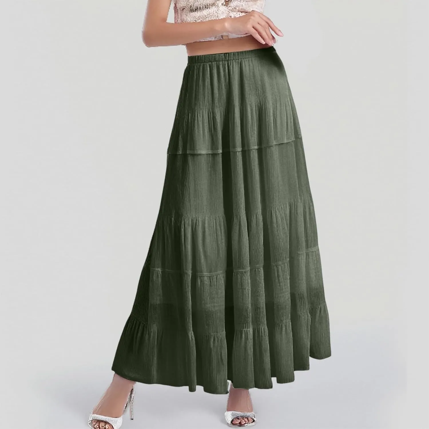 Women's Chiffon White Flowy Maxi Skirts Boho Summer Elastic Waisted Pleated A Line Long Skirt for Women 2025