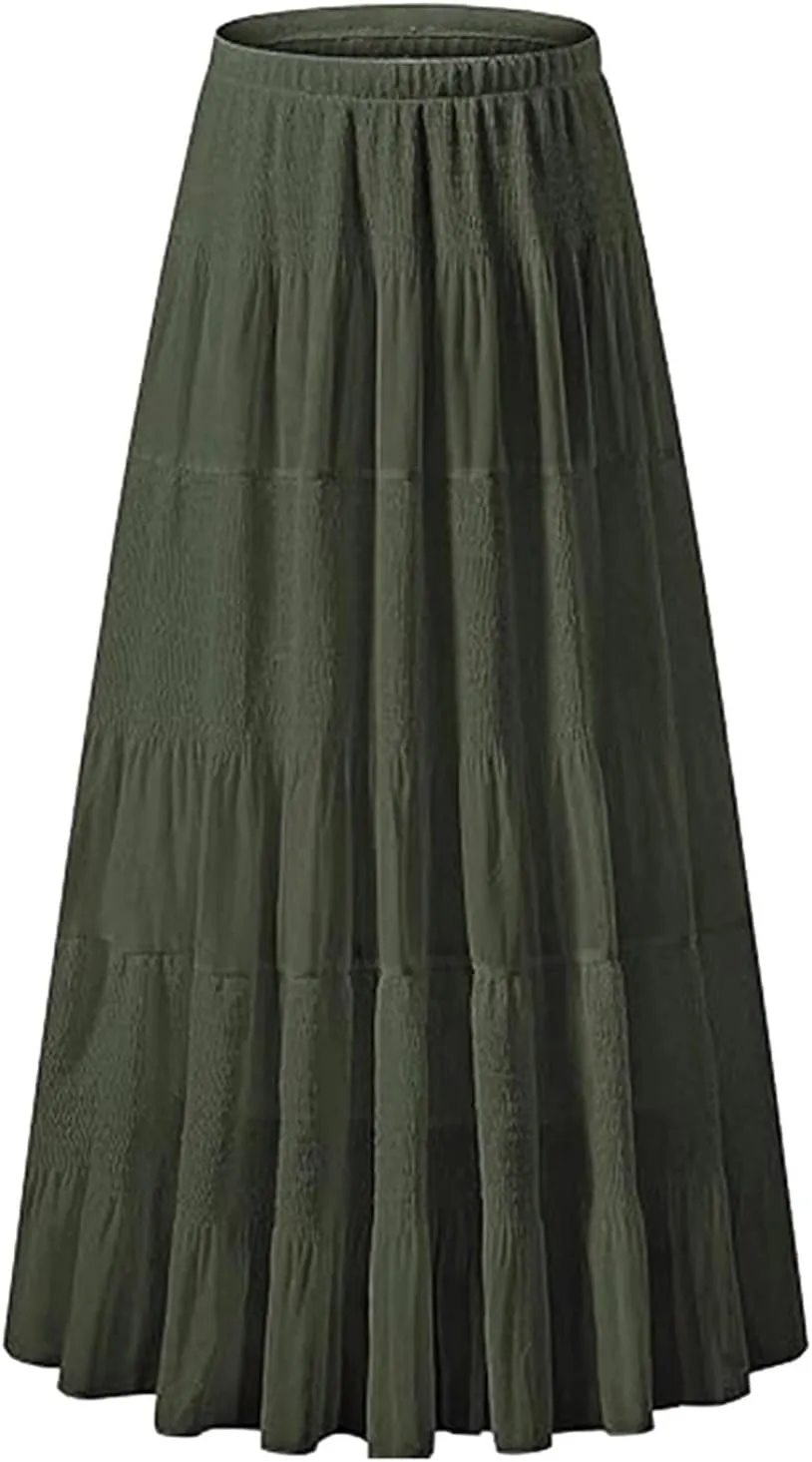 Women's Chiffon White Flowy Maxi Skirts Boho Summer Elastic Waisted Pleated A Line Long Skirt for Women 2025