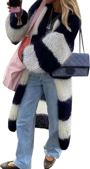 Womens Color Block Striped Cardigan Sweaters Loose Knitted Long Open Front Cardigans