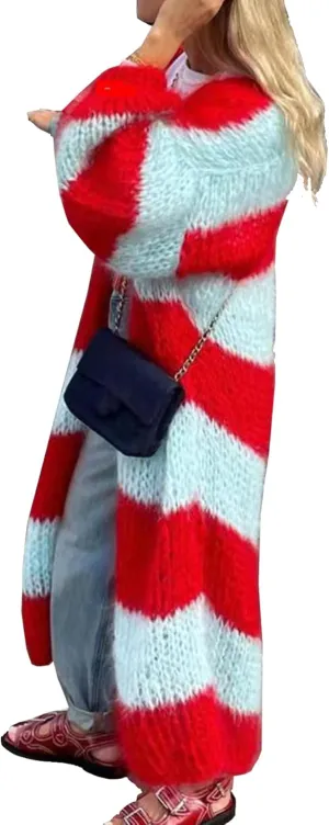 Womens Color Block Striped Cardigan Sweaters Loose Knitted Long Open Front Cardigans
