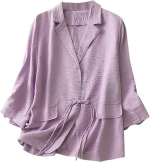 Womens Cotton Linen Blazers Fashion Fall 3/4 Sleeve Lapel Button Cardigans Dressy Casual Lightweight Vintage Jackets