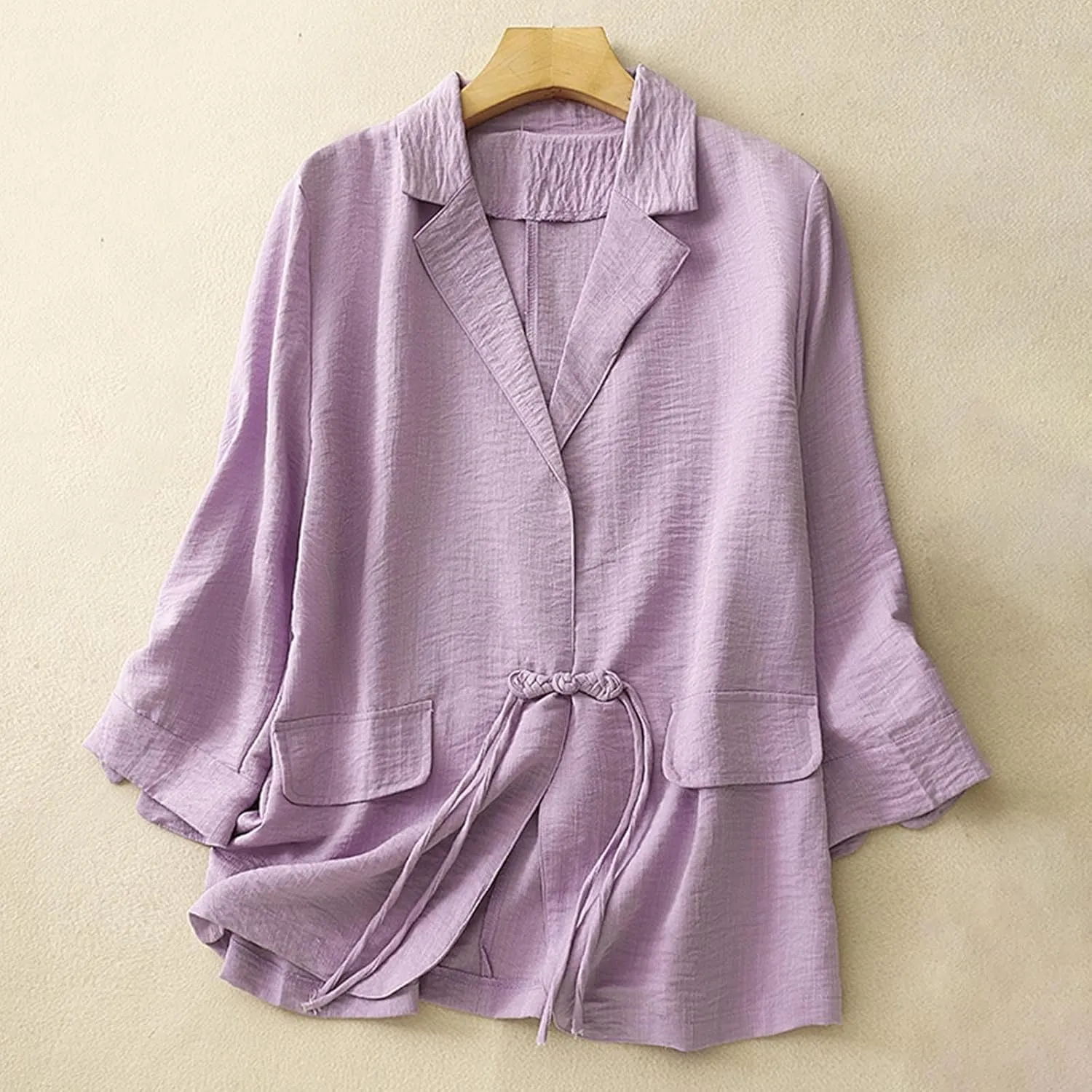 Womens Cotton Linen Blazers Fashion Fall 3/4 Sleeve Lapel Button Cardigans Dressy Casual Lightweight Vintage Jackets