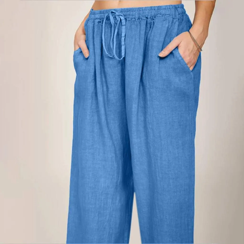 Women's Cotton Linen Pants Summer Drawstring High Waisted Palazzo Pants Casual Wide Leg Yoga Pants with Pockets