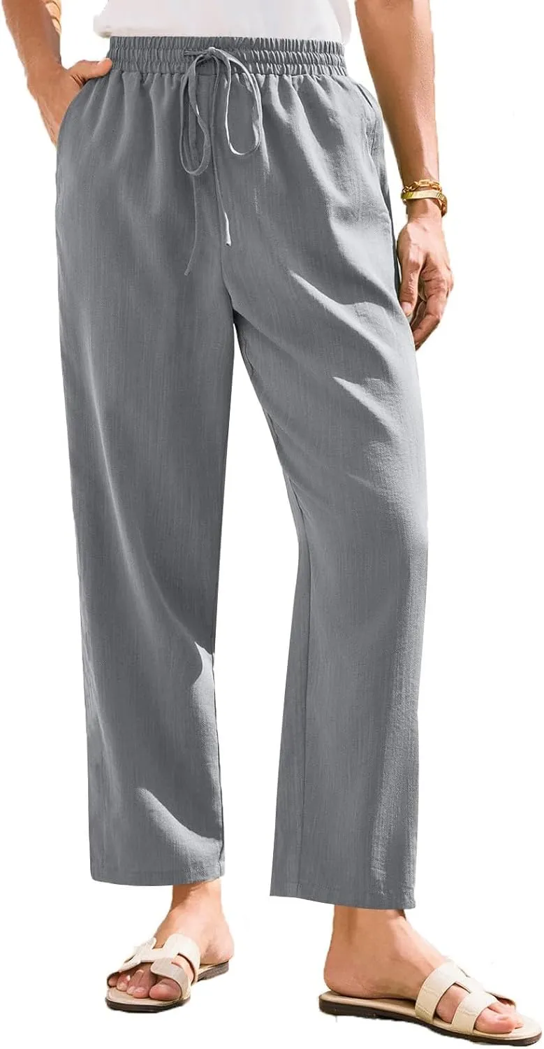 Women's Cotton Linen Straight Leg Pants Elastic Drawstring Trousers with Pockets Summer Beach Lounge Pants