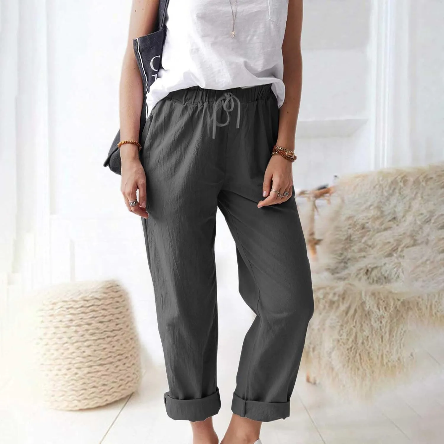 Womens Cotton Linen Straight Leg Pants Summer Drawstring Elastic High Waist Pants Casual Trousers with Pockets