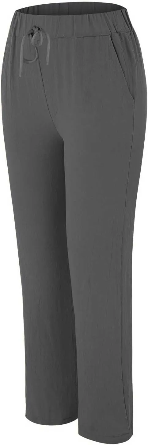 Womens Cotton Linen Straight Leg Pants Summer Drawstring Elastic High Waist Pants Casual Trousers with Pockets