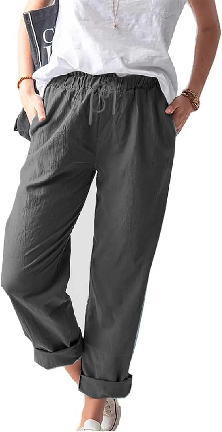 Womens Cotton Linen Straight Leg Pants Summer Drawstring Elastic High Waist Pants Casual Trousers with Pockets
