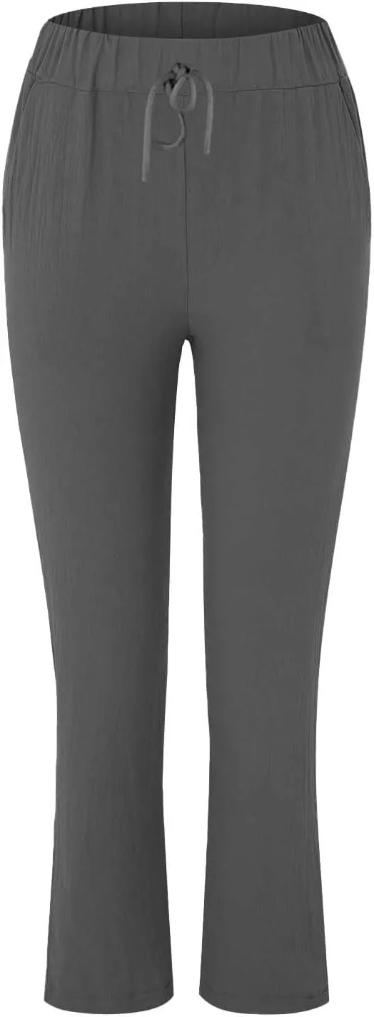 Womens Cotton Linen Straight Leg Pants Summer Drawstring Elastic High Waist Pants Casual Trousers with Pockets