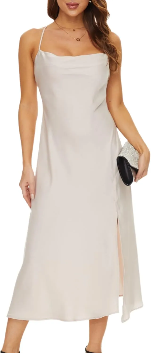 Women's Cowl Neck Midi Dress Asymmetrical Satin Slip Dresses with Front Slit