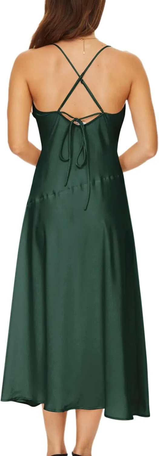 Women's Cowl Neck Midi Dress Asymmetrical Satin Slip Dresses with Front Slit
