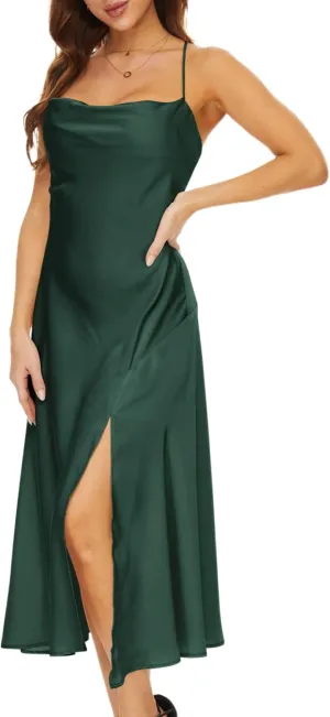 Women's Cowl Neck Midi Dress Asymmetrical Satin Slip Dresses with Front Slit