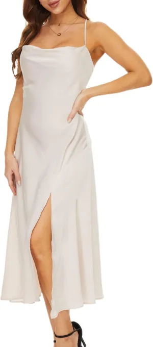Women's Cowl Neck Midi Dress Asymmetrical Satin Slip Dresses with Front Slit