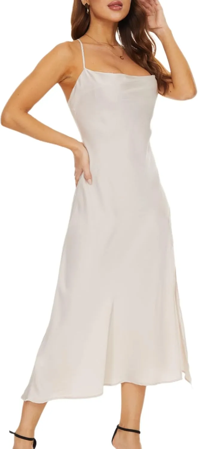 Women's Cowl Neck Midi Dress Asymmetrical Satin Slip Dresses with Front Slit
