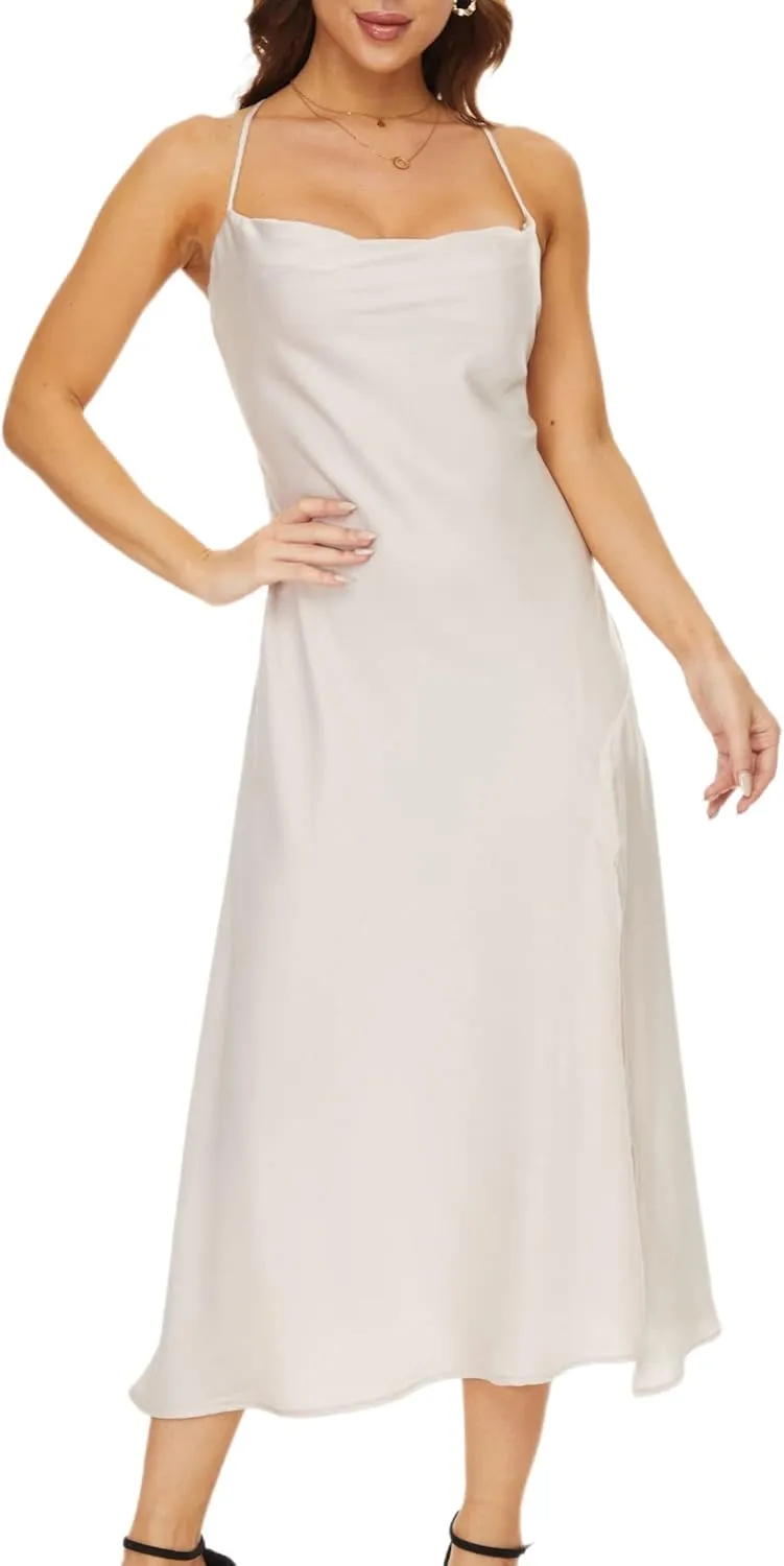 Women's Cowl Neck Midi Dress Asymmetrical Satin Slip Dresses with Front Slit