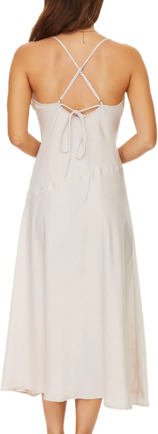 Women's Cowl Neck Midi Dress Asymmetrical Satin Slip Dresses with Front Slit