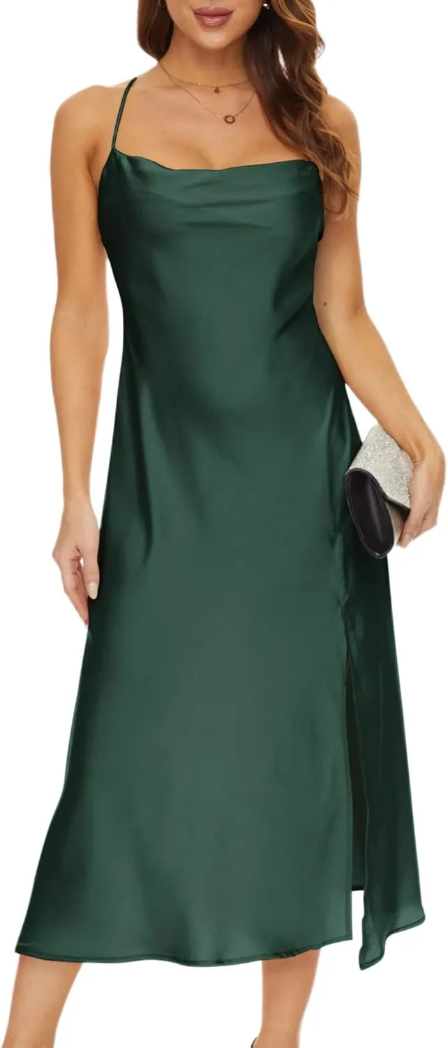 Women's Cowl Neck Midi Dress Asymmetrical Satin Slip Dresses with Front Slit