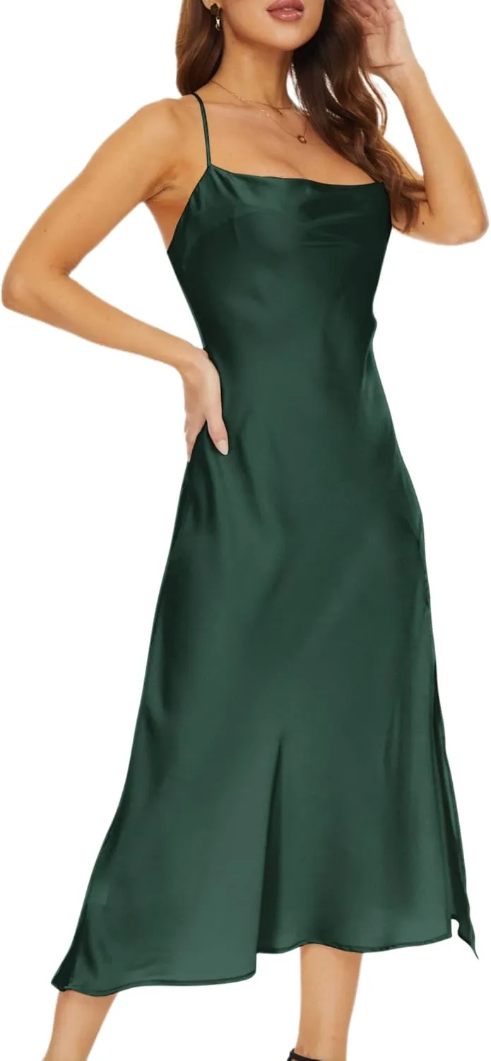Women's Cowl Neck Midi Dress Asymmetrical Satin Slip Dresses with Front Slit