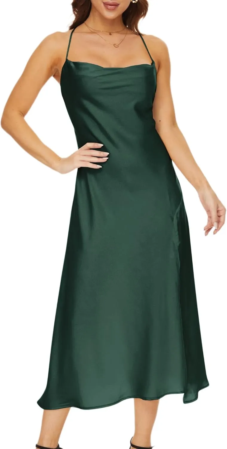 Women's Cowl Neck Midi Dress Asymmetrical Satin Slip Dresses with Front Slit