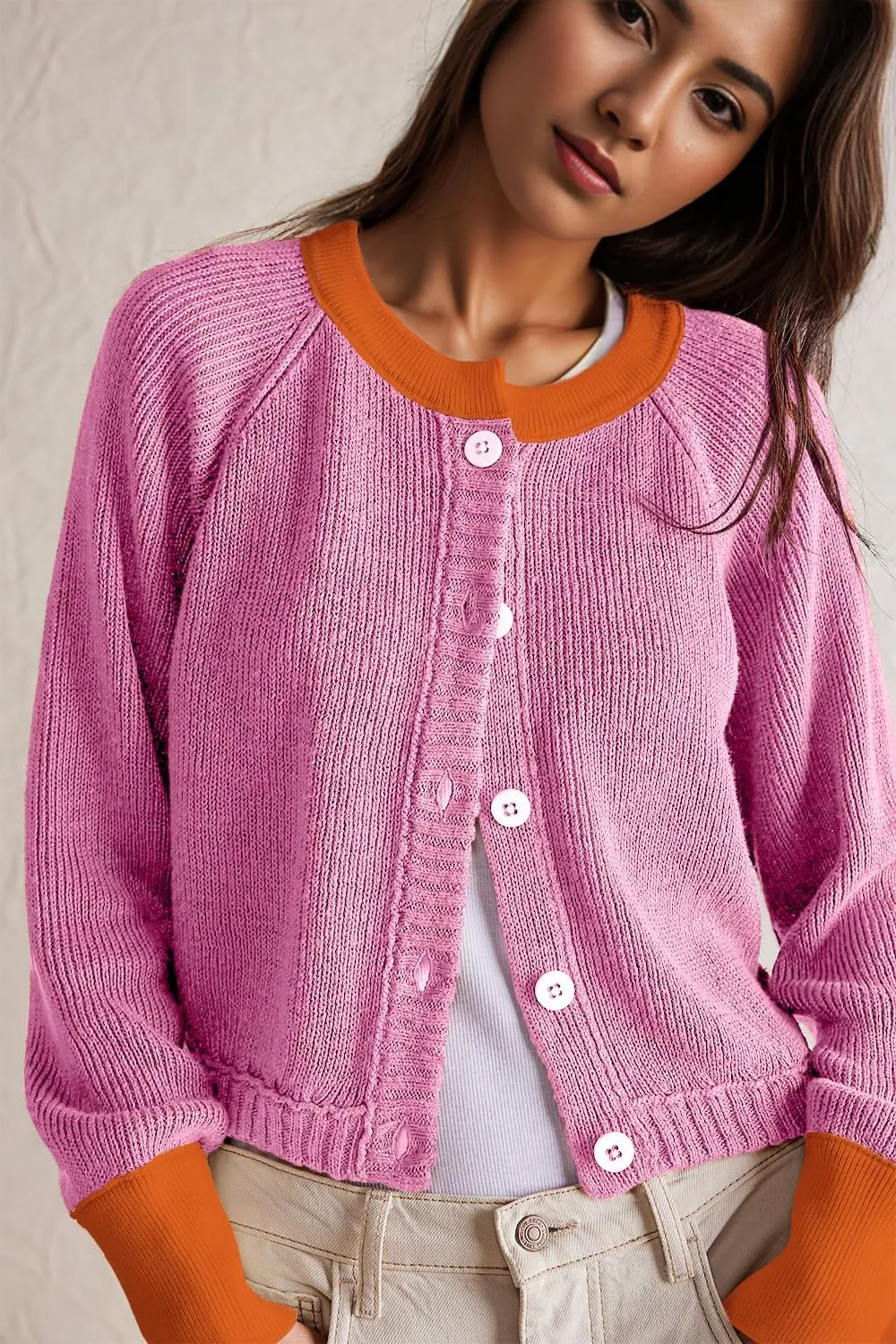 Women's Cropped Cardigan Sweaters Fall Long Sleeve Open Front Cardigans Button Down Color Block Crewneck Knit Outwear Coats