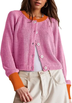 Women's Cropped Cardigan Sweaters Fall Long Sleeve Open Front Cardigans Button Down Color Block Crewneck Knit Outwear Coats