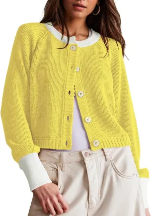 Women's Cropped Cardigan Sweaters Fall Long Sleeve Open Front Cardigans Button Down Color Block Crewneck Knit Outwear Coats