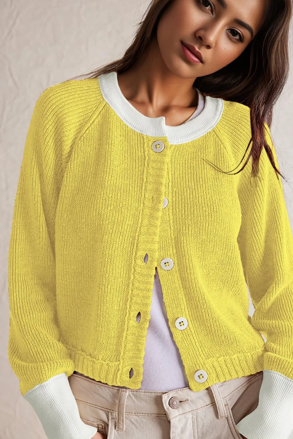 Women's Cropped Cardigan Sweaters Fall Long Sleeve Open Front Cardigans Button Down Color Block Crewneck Knit Outwear Coats
