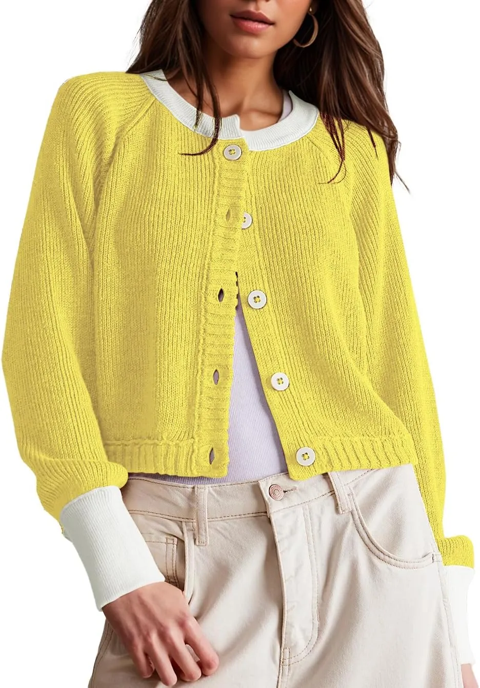 Women's Cropped Cardigan Sweaters Fall Long Sleeve Open Front Cardigans Button Down Color Block Crewneck Knit Outwear Coats