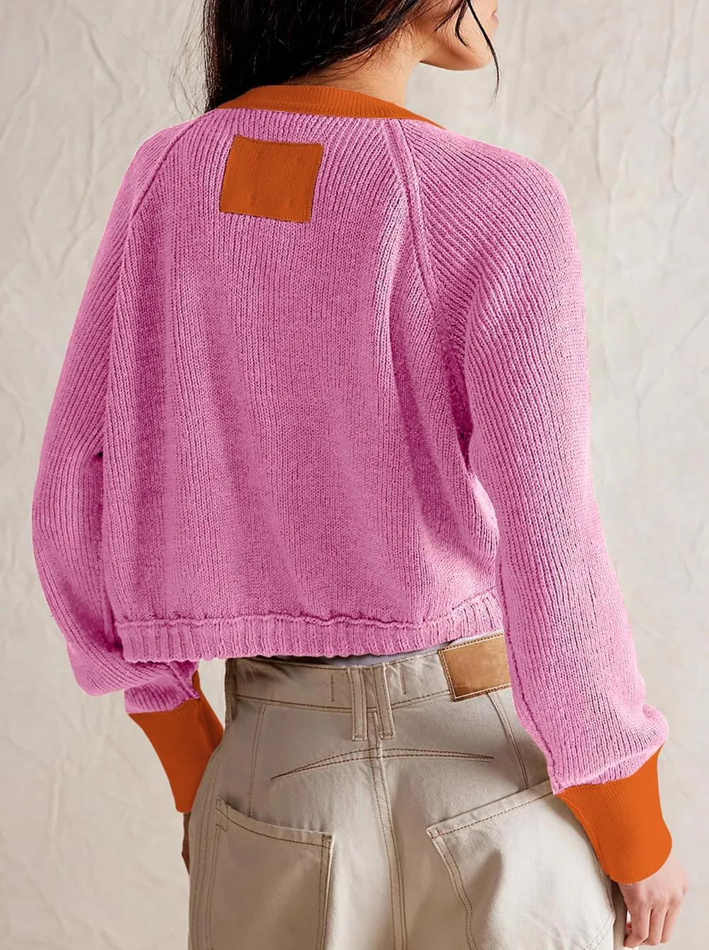 Women's Cropped Cardigan Sweaters Fall Long Sleeve Open Front Cardigans Button Down Color Block Crewneck Knit Outwear Coats