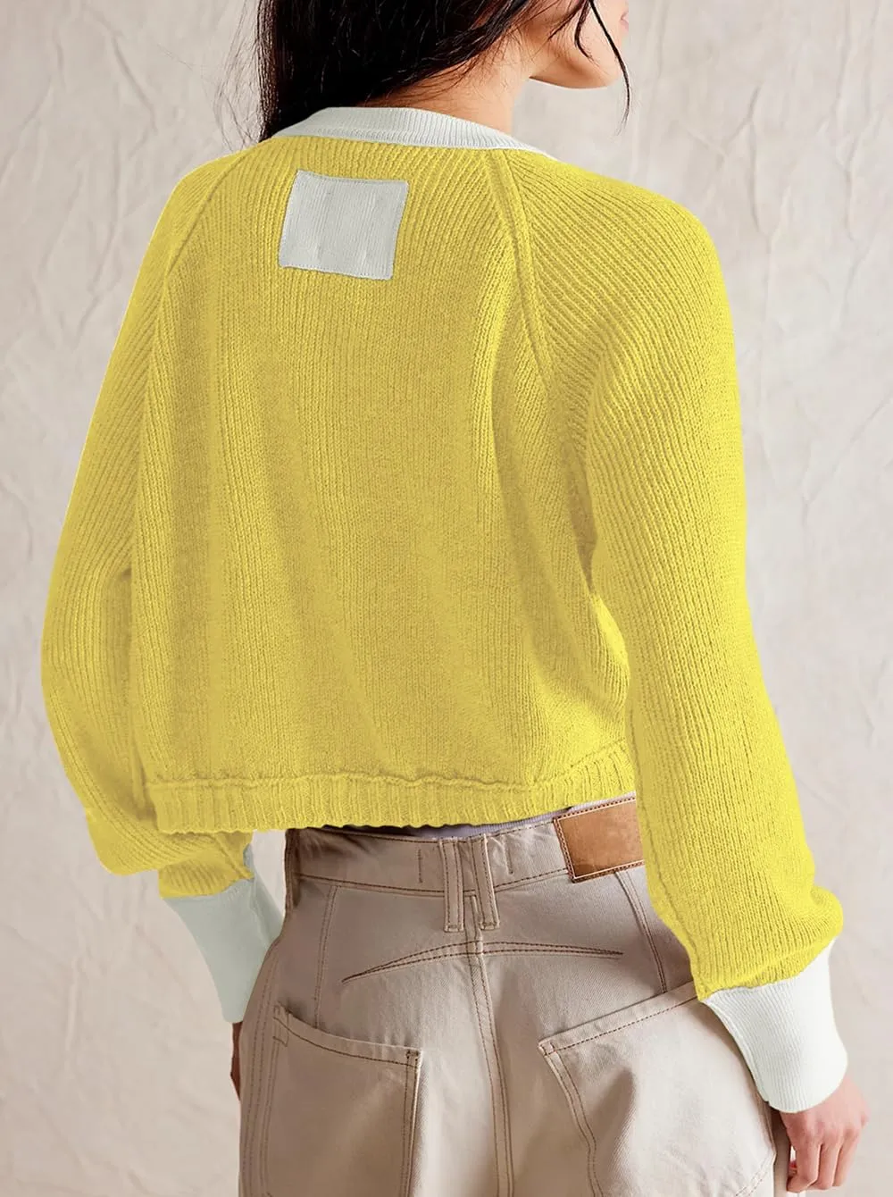 Women's Cropped Cardigan Sweaters Fall Long Sleeve Open Front Cardigans Button Down Color Block Crewneck Knit Outwear Coats