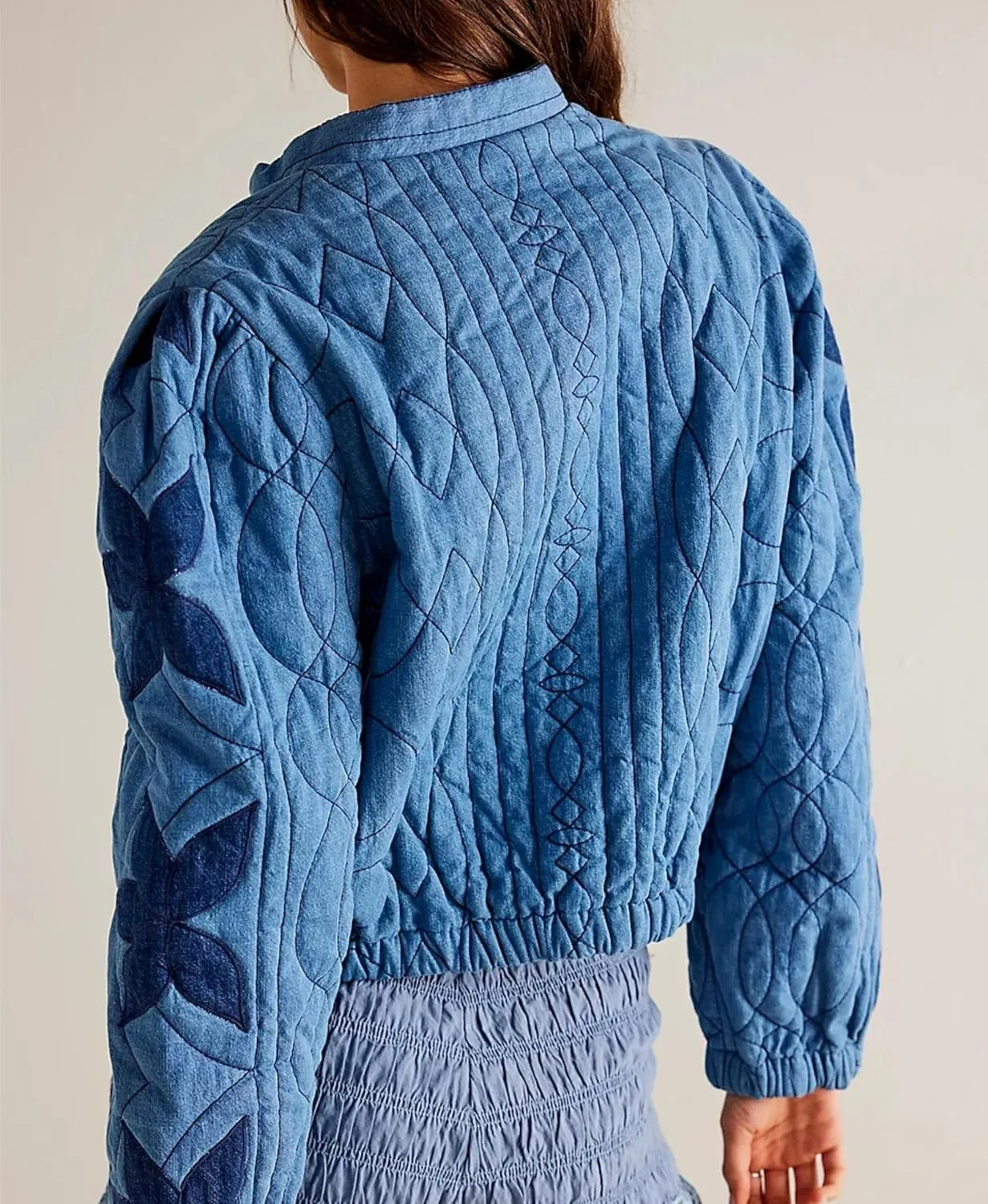 Women's Cropped Floral Quilted Puffer Jackets 3D Printed Lightweight Button Padded Coats with Pockets